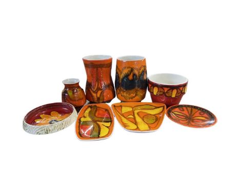 Group of Poole delphis wares comprising vases, small dish, two further dishes (qty)