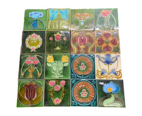 Quantity of late 19th Century Art Nouveau tiles with various coloured designs (16)