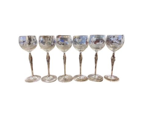 A set of 6 wine glasses finely engraved with hunting scenes (6)19cm highGood