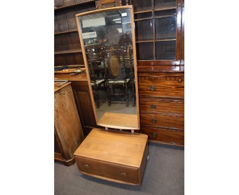 Blonde Ercol dressing mirror with single drawer base, 152cm high