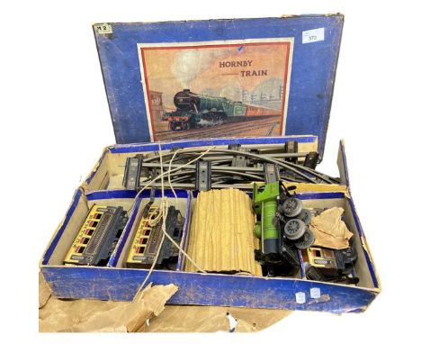Hornby clockwork train set, engine number 2728 with tender and carriages and track, all in original box