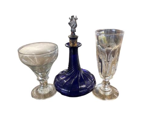 Pan top 19th Century rummer together with a further cordial glass and wrythen shaped decanter and stopper, cordial glass 20cm