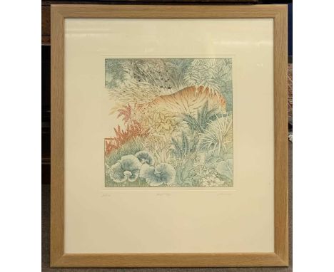 Anna Pugh (British, 20th century), 'Bright Tiger', etching with aquatint on wove paper, artist's proof, 1982, 13x13ins, signe