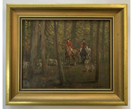 Geoffrey E. Mortimer (British, 20th century) fox hunting party within a woodland setting, oil on board, signed, approx 6.5x8i