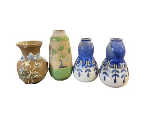 Group of Doulton stonewares including a vase with green floral decoration by Vera Huggins, small baluster vase Doulton Silico