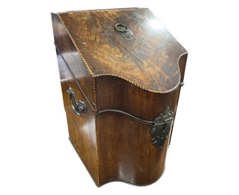 George III mahogany knife box, the interior later adapted as a decanter box fitted with three small cut glass spirit decanter