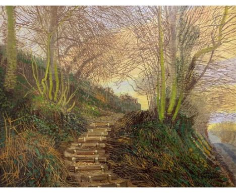 Maurice Shepphard PPRWS RCA "The Wooden Ladder Steps -To The Wood-Crowhill", oil on board, 6.5x8ins, framed