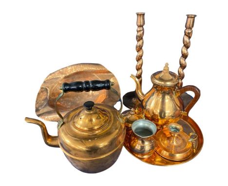 Pair of Arts and Crafts style candlesticks with hammered bases together with a Arts and Crafts copper bowl and copper tray co