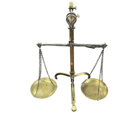 Pair of brass beam scales marked Vandome, Titford &amp; Pawson, London, 69cm high