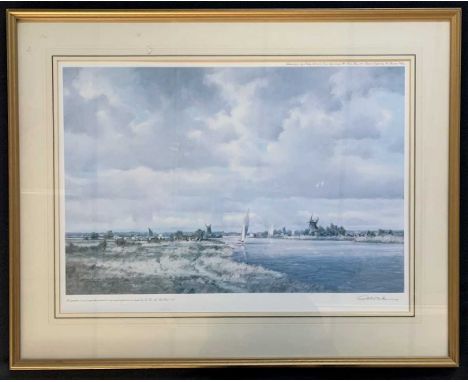 After Colin Burns (British, 20th century) Wherries on the Broads, chromolithograph, limited edition (404 of 500) signed in pe