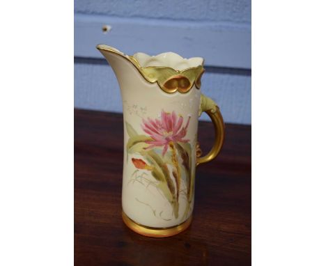 Late 19th Century Worcester porcelain Tusk jug, blush ground decorated with flowers