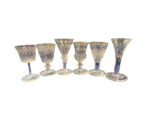 Group of six various wine glasses in 18th Century style, some with engraved designs together with a book on glass by Hugh Tai