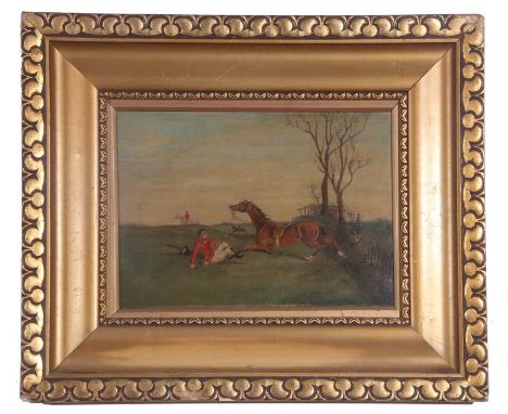 British, late 19th century, Hunting cartoon titled 'Spirit of the Fallen', oil on board, 10 x 16ins, framed.