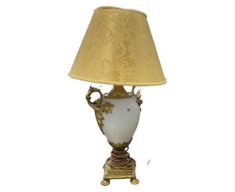 20th  Century brass mounted opaque glass table lamp with shade, total height 64cm