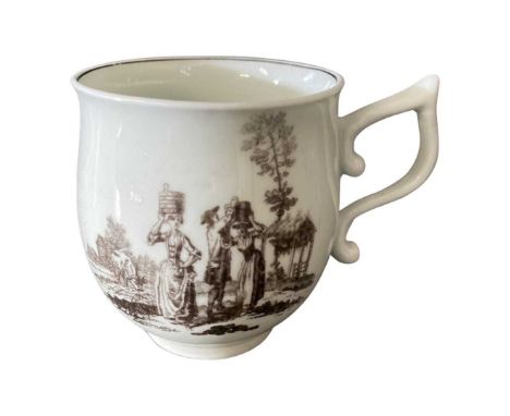 Worcester porcelain bowl shaped cup with tau handle and black printed decoration of milk maids (restored)