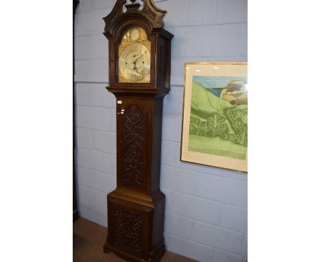 Richard Pain, London, a late 19th century longcase triple weight clock with brass movement striking on eight bells, set in a 