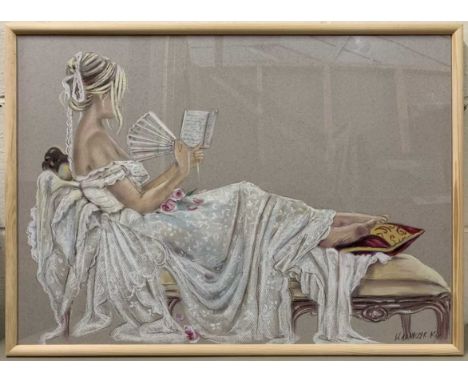 Wanda Adamczyk (Polish, contemporary) a study of a lady laying on a chaise lounge with fan and book, pastel on laid pastel pa