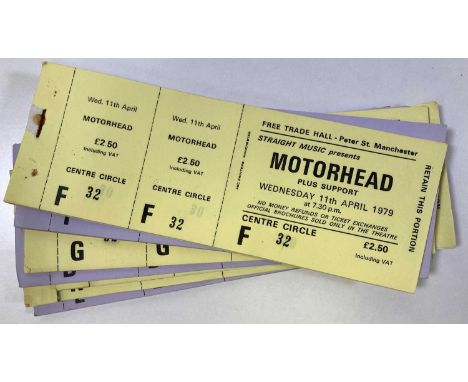 Seven partial ticket books, with approximately 143 complete, untorn and unused tickets for Motorhead at the Manchester Free T