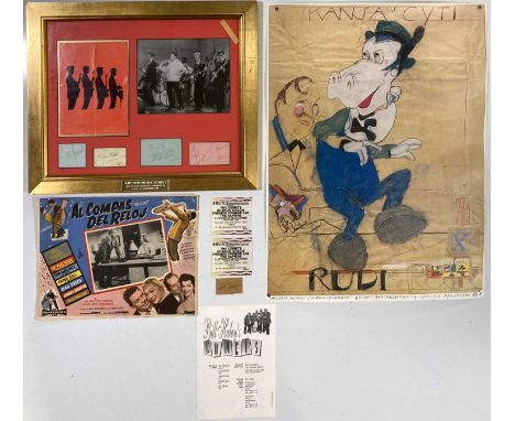 A scrap of paper with Bill Haley autograph. A mounted, framed and glazed presentation with four scraps bearing signatures fro