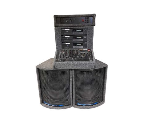 A collection of PA system equipment to include a pair of Freestyle Acoustics DP15 speakers, a Matrix STR1500 MOS-FET power am