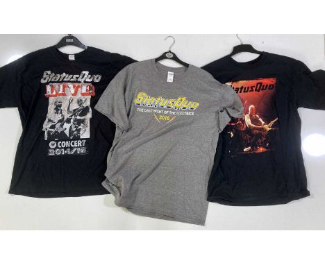 Status Quo memorabilia to inc: six assorted t-shirts, two denim jackets, Rossi/Parfitt autobiography signed by both, a Franci