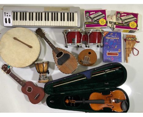 A mix of musical instruments to include a stagg ukelele, a mandolin, a M-Audio Midi Keyboard, a violin, two Stylophones and a