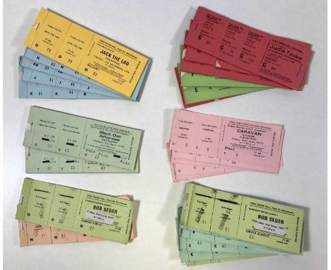 A collection of partial ticket books, with untorn and unused tickets for Bob Seger (182), Jack The Lad (149), Judie Tzuke (75