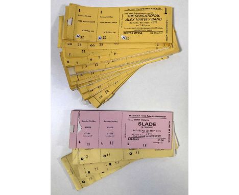 A collection of partial ticket books, with untorn and unused tickets for Alex Harvey Band, 1976 (109 tickets) and Slade, 1977