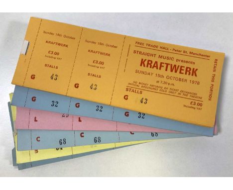 Six partial ticket books, with approximately 140 complete, untorn and unused tickets for Kraftwerk at the Manchester Free Tra