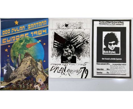 Three Bob Dylan posters: one by 'Zimmerman Blues Magazine' with art by Ralph Steadman (21 x 30", small tear from top edge), a