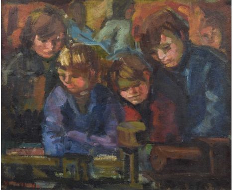 Val Pownall (British 20th century) Children playing with model trains, signed, with wooded landscape and buildings on verso, 