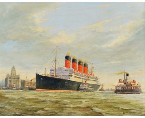 Norman Colebourne (British 1908-1992) "Maiden Voyage R.M.S. Aquitania at Liverpool 30/4/14", signed, titled on artist's label