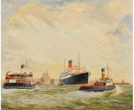 Norman Colebourne (British 1908-1992) "Cunard Liner 'Scythia' at Liverpool c.1937", signed, titled on artist's label verso, o