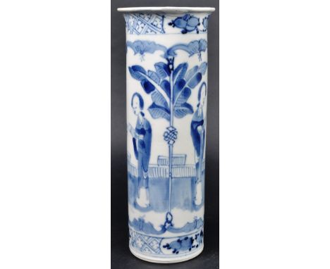 A 19th Century Chinese Oriental Kangxi mark porcelain sleeve vase of cylindrical form having hand painted blue &amp; white de