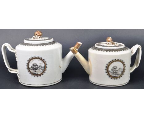 A pair of 18th Century Chinese hand painted teapots of drum form having gilt fruit finial covers with patterned detailing thr