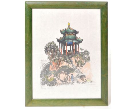 Emma Bormann (1887-1974) - Austrian Artist - A hand coloured woodcut print depicting a central temple / pagoda building with 