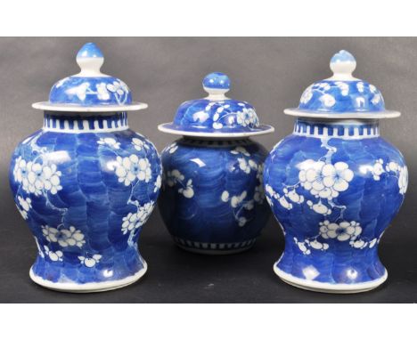 A group of 19th Century Chinese Oriental Qing Dynasty blue and white porcelain in the Prunus pattern. Comprises a ginger jar 