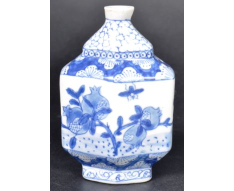 A 19th Century Kangxi mark Qing Dynasty Chinese/ Oriental blue &amp; white glaze snuff bottle. Irregular hexagonal form body 