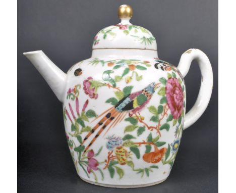 A 19th Century Chinese Cantonese Canton Famille Rose Rose Medallion teapot. The teapot with shaped handle and spout with bell