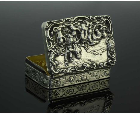 A Victorian silver snuff box, of rectangular form, the hinged cover with cast top depicting Neptune or Poseidon, with Rococo 