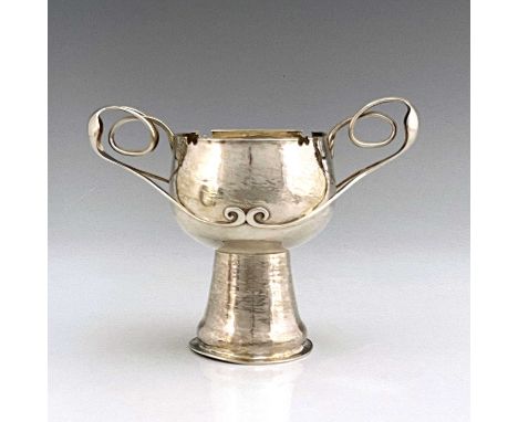 Kate Harris for William Hutton, an Arts and Crafts silver twin handled beaker vase, London 1905, planished conical footed cha