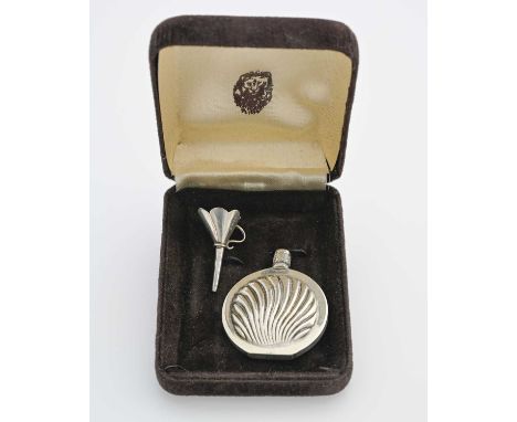 An Elizabeth II silver scent flask and funnel, the flask of oval form with fluted decoration, with screwthread cover, the con