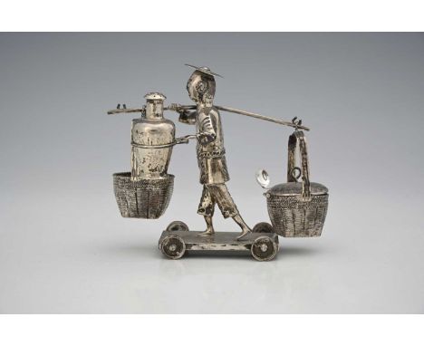 China.An early twentieth-century Chinese silver-coloured metal novelty cruet, comprising open salt, mustard pot with clear gl