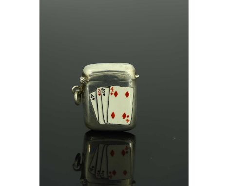 A George V silver and enamel vesta case, of rounded rectangular form, depicting four playing cards in polychrome enamel, incl