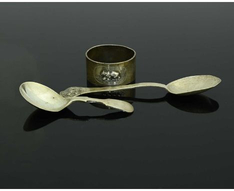 A George VI silver Christening spoon and napkin ring, each decorated with a vignette of a bear, Mappin &amp; Webb, Sheffield 