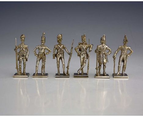 A group of six Elizabeth II silver miniature military officer figures, by Phillips, each cast and modelled atop a square base