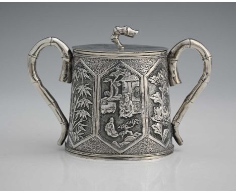 China.A late nineteenth or early twentieth-century Chinese silver two-handled sugar bowl and cover, the exterior decorated wi
