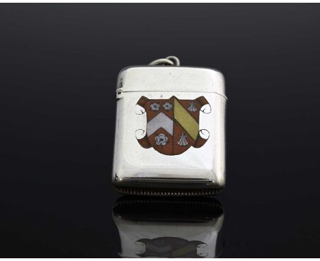 Wadham College Oxford Interest.A Victorian silver and enamel vesta case, of rounded rectangular form, with the arms of Wadham