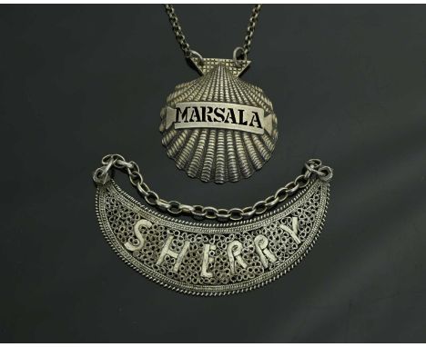 A nineteenth-century silver coloured-metal shell form wine label or bottle ticket, pierced for 'MARSALA', apparently unmarked