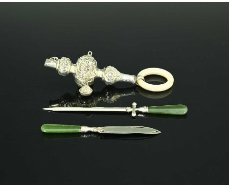 An Edwardian silver baby's rattle, decorated with foliate scrolls, with whistle to one end, and mother-of-pearl teething ring